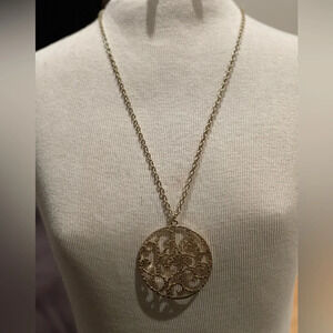 Enamel Scroll  Gold Tone Medallion Pendent Necklace.